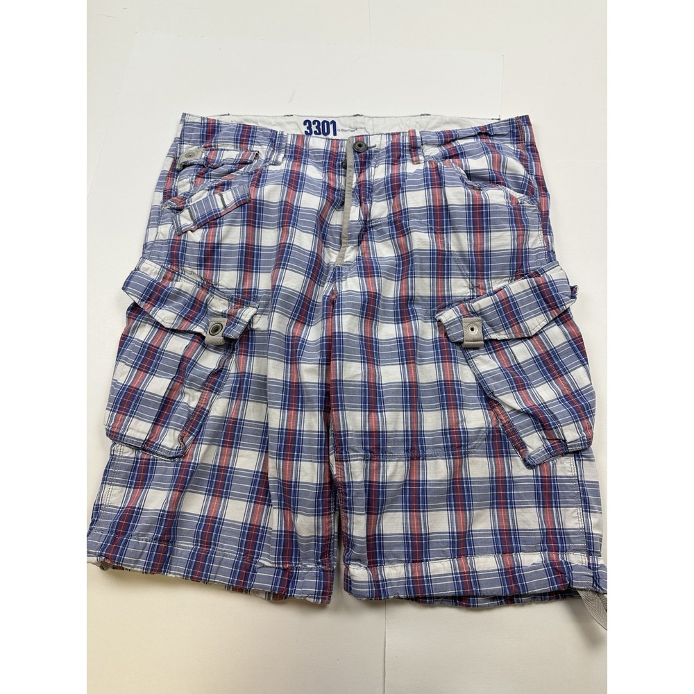 G-Star Raw Plaid Cargo Shorts Mens 38 Waist Model 3301 Blue White Red